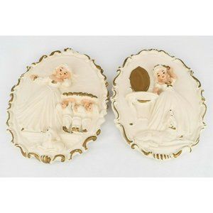 Pair Chalkware Wall Plaques Hangings Girl Woman Vintage Deer Greyhound Gold MCM